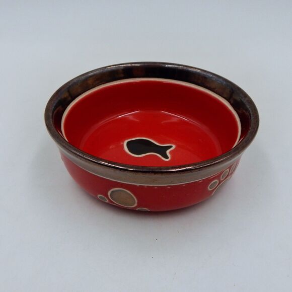 Spot Small 5 Inch Ritz Copper Rimmed Red Stoneware Cat Dish Fish - Picture 3 of 9